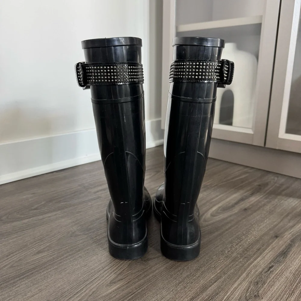 Burberry Black Rubber Silver Studded Belt Detail Knee High Rain Boots 36 US 6